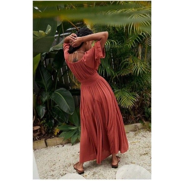 Free People Free-est Dixie Maxi Long Dress Smocked Embroidered Lace Sz L - Picture 2 of 7